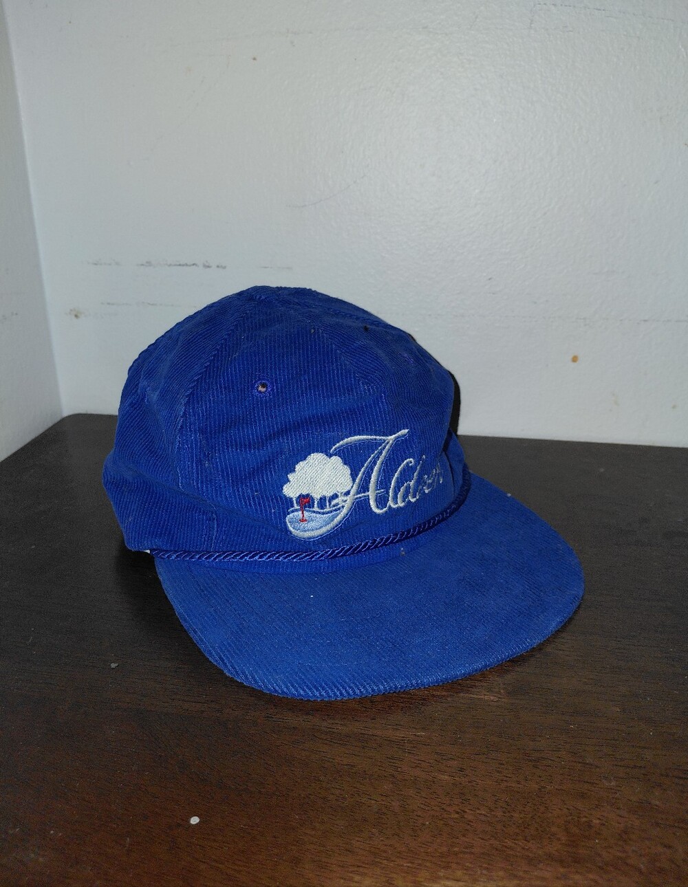 Vintage 80s Blue Corduroy & Rope Sling Back Hat Alden Golf Course Made In USA
